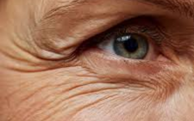 Close-up of a blue-gray eye with pronounced wrinkles around the eyelid and crow's feet nearby.