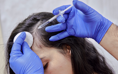 Healthcare professional in blue gloves administering a scalp injection to a patient at the hairline, with a cotton pad nearby.