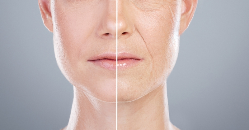 Picture1(272) Split image of a woman's face with younger left side and older right side, illustrating aging differences.