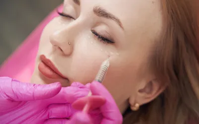Close-up of a woman with eyes closed as a clinician with pink gloves injects a cosmetic filler near her under-eye/cheek area.