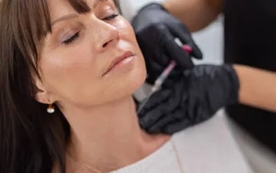 Woman with closed eyes receiving a cosmetic facial injection from a gloved clinician.
